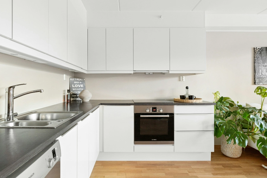 minimalist kitchen with wood cabinets