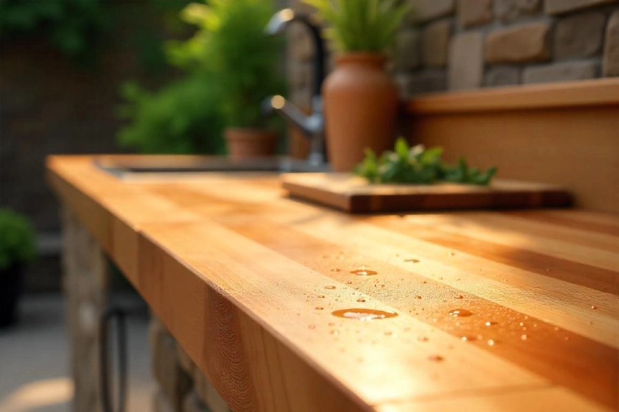 A close-up shot of a rich, natural wood countertop in an outdoor kitchen setting. 